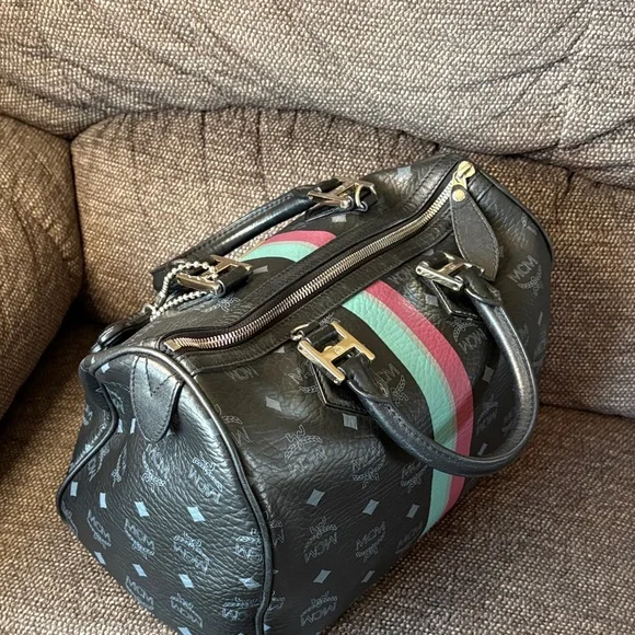 MCM Visetos Black Satchel with Pink and Teal Stripe - Picture 7 of 11